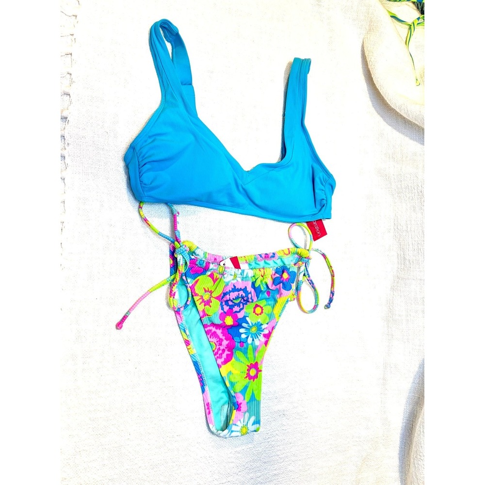 Ribbed Bralette & Ribbed multi Colored Flower Side Tie Bikini Bottom - Swimwear